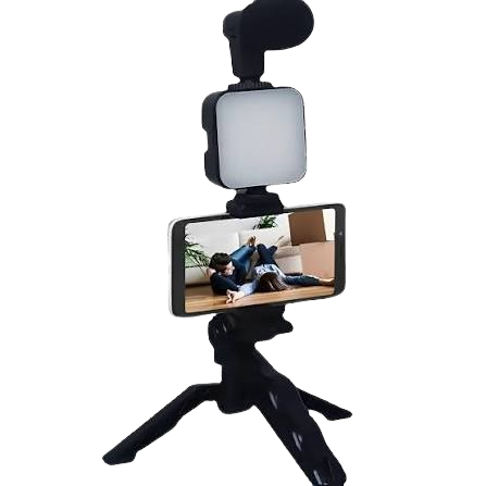 Tripé suporte com led, microfone condensador P2 e controle sem fio.